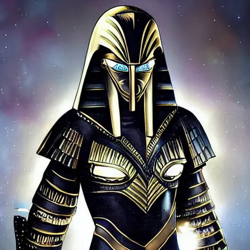 Image similar to a character in an egyptian themed futuristic metal suit, super hero, armor, sleek, beautiful face, cinematic pose, sci - fi art