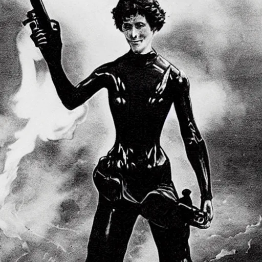 Prompt: old black and white photo, 1 9 1 3, depicting ellen ripley carrying a flamethrower, historical record