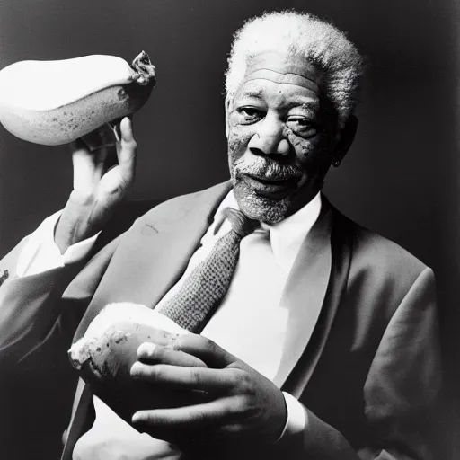 Prompt: morgan freeman eating a big banana by salvador dali