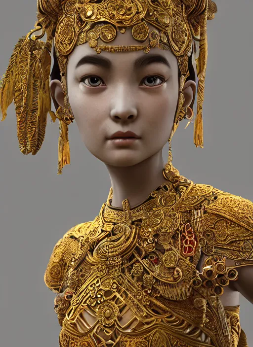 Prompt: a photo - real delicate sculpture of an ornate detailed oriental girl in front of a intricate background by aj fosik, micro detail, backlit lighting, octane renderer, colorful, physically based rendering, tribal art, trending on cgsociety