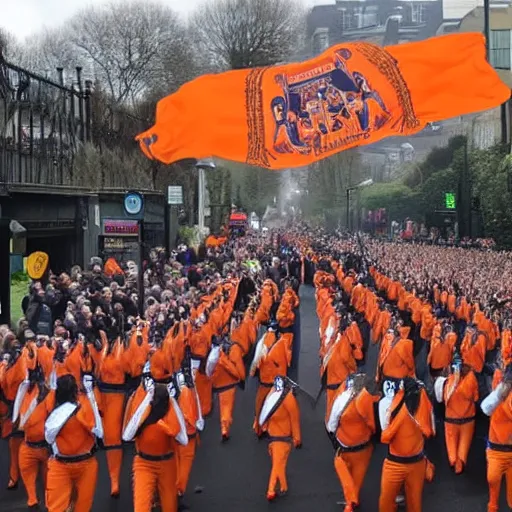 Image similar to orange order marching into mordor with mr tayto leading the march, high - quality photo