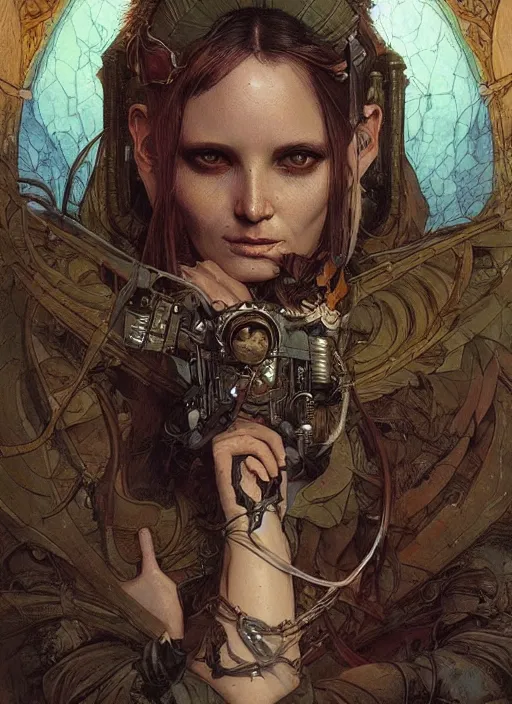 Image similar to hyper realistic photography portrait of postapocalyptic medieval religious occult amazon cinematic, brom, moebius, juan gimenez, peter mohrbacher, mucha, leonardo da vinci