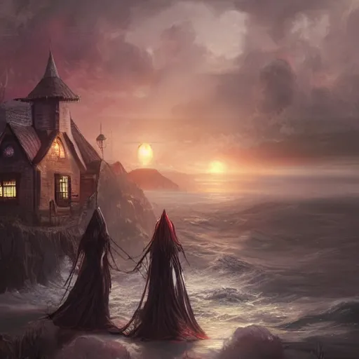 Prompt: scary witches in front of a candy witch house, floating on the ocean, epic scene, fantasy, cinematic, hyper - detailed, in the style of greg rutkowski