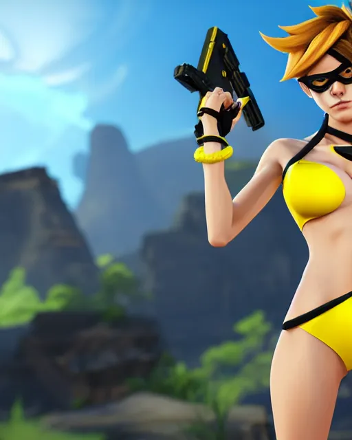 Image similar to tracer game character, in yellow bikini, blonde hair, black eyes, full height