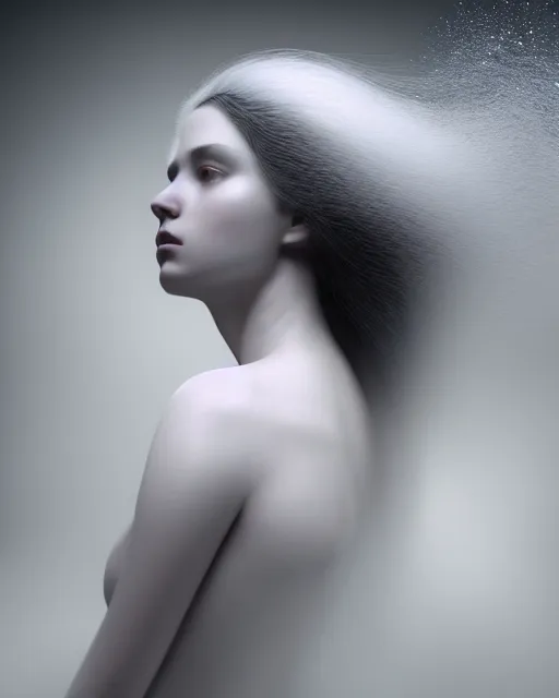 Image similar to soft, dreamy, subsurface scattering, white, young beautiful goddess in cosmos with very long white hair floating in air, fluid smoke art, black and white, octane render, dino valls, mark ryden, joe fenton, michal karcz, highly detailed, rim light, art, cinematic lighting, very coherent, hyper realism, 8 k