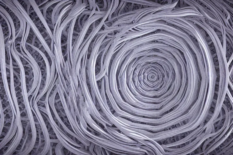 Image similar to a 3 d render of deep rolling interleaved rolls of plasticine melded together into fractal lattices enclosed by a crystalline dome. dmt, machine elves, 8 k, octane render