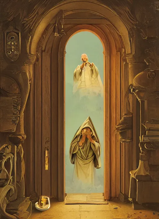 Image similar to an old wizard in robes holding a book standing in front of an elaborate ancient wooden door, beautiful colourful fantasy rendering, Agnolo Bronzino, Simon Stälenhag, ilm, beeple, N.C. Wyeth