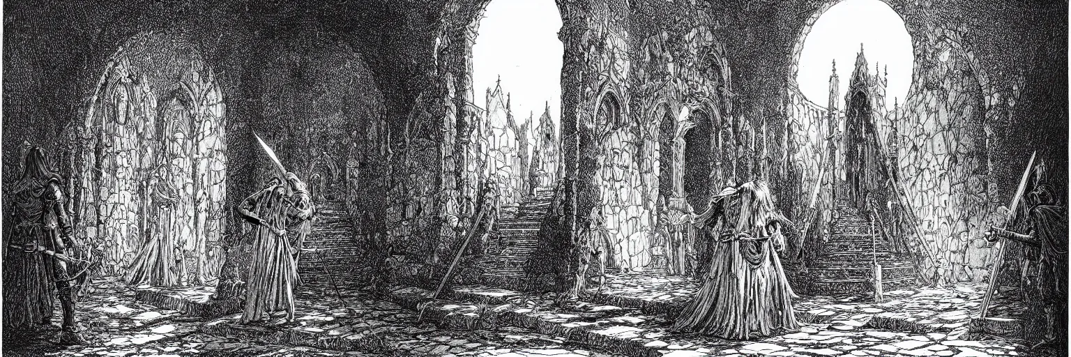 Prompt: dark souls entering the labyrinth pen-and-ink illustration by Franklin Booth, fish eye lens