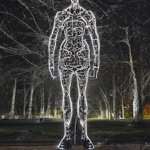 Image similar to ominous dark glitching humanoid apparition standing in a park late at night, full body image, hyper realism, symmetrical, highly ornate intricate details, very sharp photo,