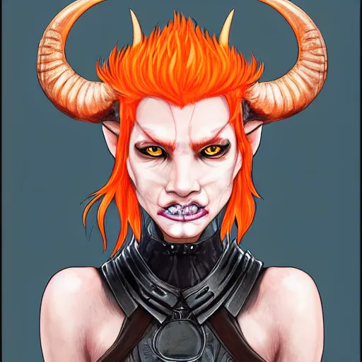 Image similar to illustrated realistic portrait female ram-horned kobold that has orange skin and blue hair with black evil devil eyes wearing leather armor by rossdraws