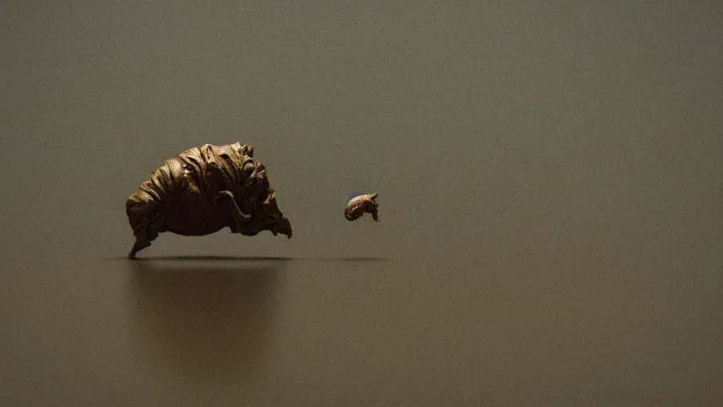 Image similar to we watch the strange creature search through our kitchen, film still from the movie directed by Denis Villeneuve with art direction by Zdzisław Beksiński, close up, telephoto lens, shallow depth of field, golden hour