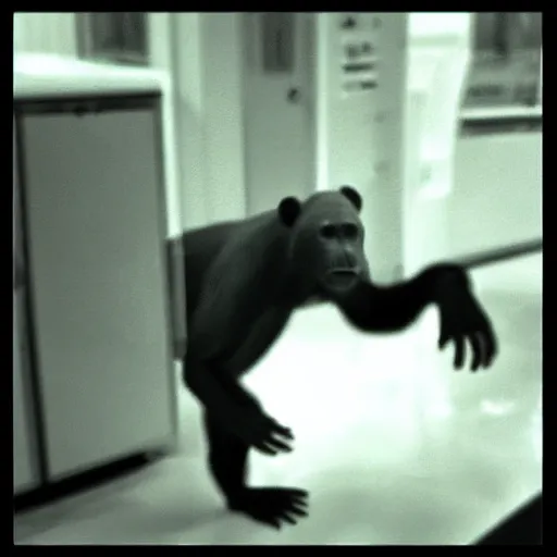Prompt: “Horrific scrawny cryptid mutant reptilian hairless sun bear escaping from a lab, leaked cctv footage, black and white, night.”