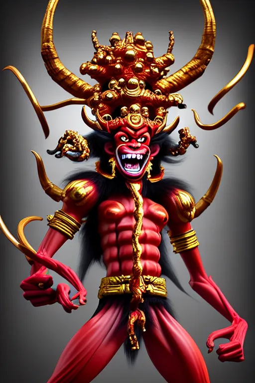 Image similar to single demon monkey king, evil grin, manga style only, black white red and gold colors only, symmetrical face, symmetrical full body, demonic, low angle view, cinematic, dramatic, super detailed and intricate, hyper realistic, 4 k render, by artgerm, by kyoung hwan kim, by ralph mcquarrie, by yoshiyuki tomino