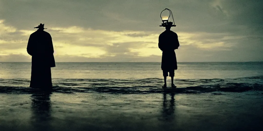 Image similar to film still of closeup old man holding up lantern by his beach hut at night. pirate ship in the ocean by emmanuel lubezki