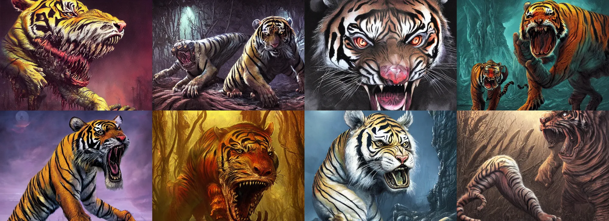 Prompt: a nightmarish horrifying mutant tiger, staring hungrily, by neville page and wayne barlowe, ( ( ( horror art ) ) ), wide angle, dramatic lighting, highly detailed digital painting