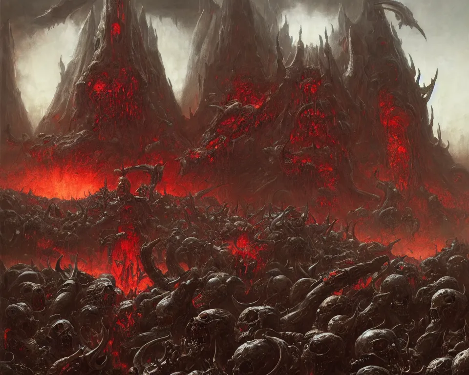 Image similar to doom eternal concept art by jakub rozalski, garden of eternal delights hell by hieronymus bosh, triumph of death by pieter brueghel, doom eternal hell by wayne barlowe