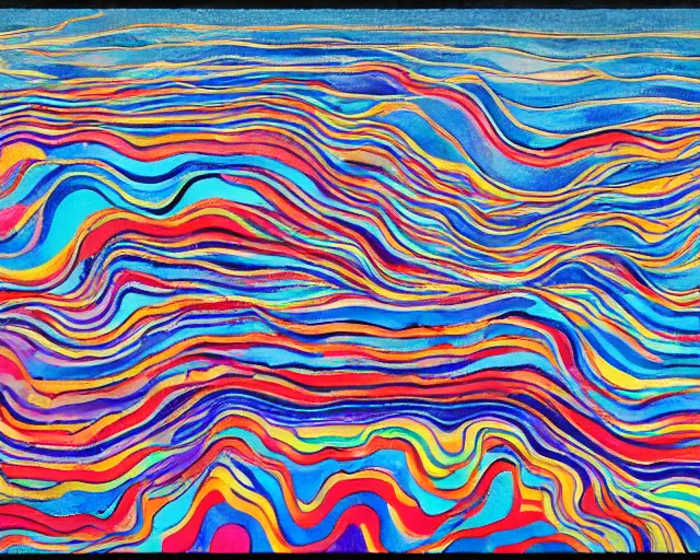 Image similar to Ocean waves in a psychedelic dream world. DMT. Curving rivers. Craggy mountains. Modernist landscape painting. Edvard Munch. David Hockney. Takashi Murakami. Minimalist.