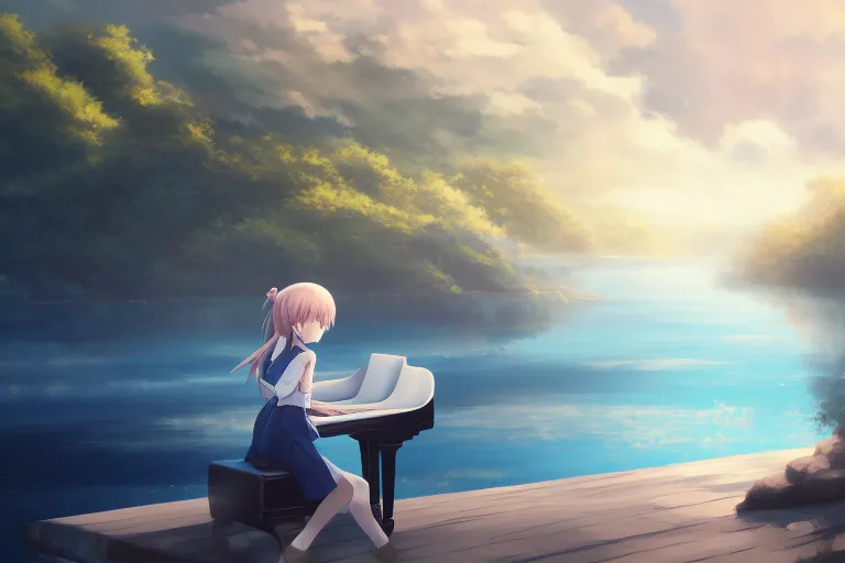 Prompt: Anime girl playing piano on blue water, far away, landscape, scenery, Cushart Krenz, Shinkai Makoto, by Lluluchwan, lots of details, highly detailed, 4k