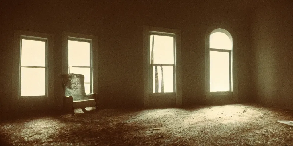 Image similar to interior of a house built on nothing, eerie vibe, leica, 2 4 mm lens, cinematic screenshot from the 2 0 0 1 surrealist film directed by charlie kaufman, kodak color film stock, f / 2 2, 2 4 mm wide angle anamorphic