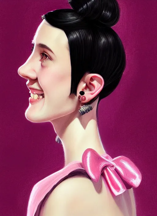 Image similar to portrait of high school girl, realistic, black hair, bangs, half updo hairstyle, pointy nose, skinny, smile, ugly, defined jawline, big chin, pink hair bow, earrings, intricate, elegant, glowing lights, highly detailed, digital painting, artstation, sharp focus, illustration, art by wlop, mars ravelo and greg rutkowski