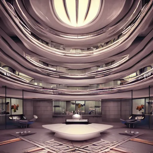 Prompt: futuristic hotel lobby built in old brutalist architecture building by dennis chan, hyper detailed, digital art, trending in artstation, cinematic lighting