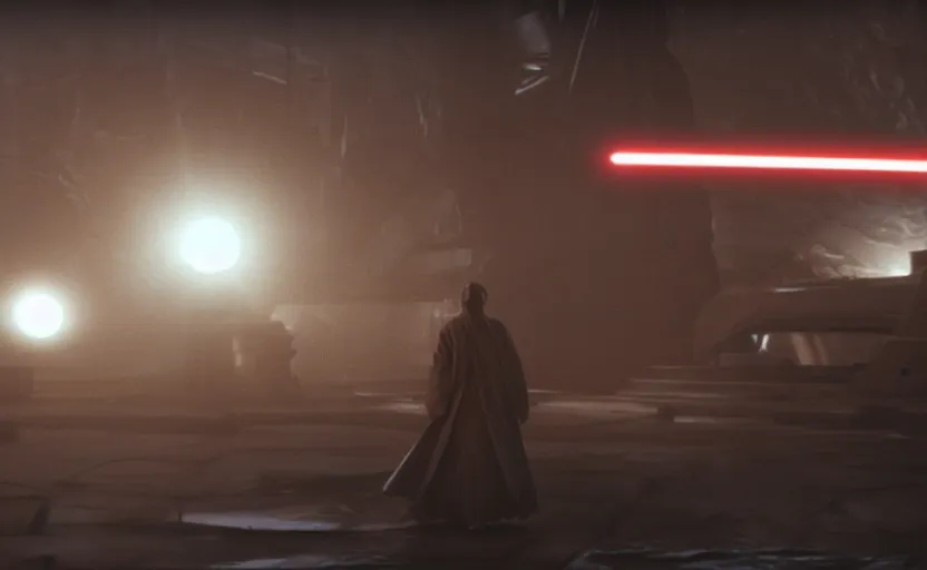 Prompt: iconic wide cinematic screenshot from the sith planet where lightsabers are made, from the thrilling scene from the 1 9 8 0 s lost jedi film, moody cinematography, foggy volumetric lighting, hyper detailed scene, anamorphic lenses 2 4 mm, lens flare, award winning