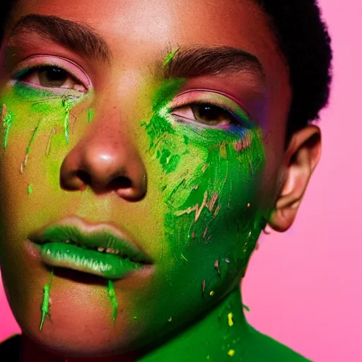 Image similar to realistic photoshooting for a new balenciaga lookbook, color film photography, portrait of a beautiful woman, model has streaks of bright green paint splashed across the side of her face, in style of tyler mitchell, 3 5 mm,