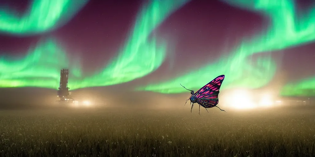 Prompt: mist hazy, a giant glowing butterfly perches on an oil platform in the prairie during a night of northern lights ， by craig mullins