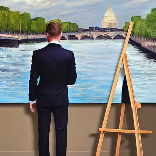 Image similar to mcgregor is dressed as a gentleman at early 2 0 th century paris. he is watching an easel. that easel has a canvas on it. ewan mcgregor has a brush on his hand. he is painting a painting. on background has river seine, morning sun, dark clouds, lightning, dc comics