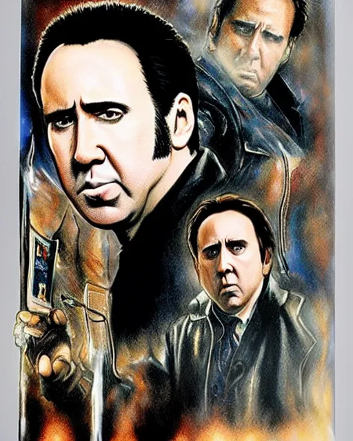 Image similar to nicolas cage in national treasure, airbrush, drew struzan illustration art, key art, movie poster