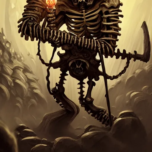 Prompt: skeleton holding a torch, going through a neverending dungeon, intricate, elegant, highly detailed, digital painting, artstation, concept art, smooth, sharp focus, illustration, by bartek fedyczak, erak note, tooth wu, neil richards, kan liu, siwoo kim, jisu choe