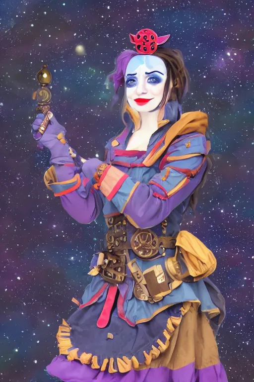 Image similar to Jester Lavorre from Critical Role in a steampunk process outfit in a starry space sky 🌈