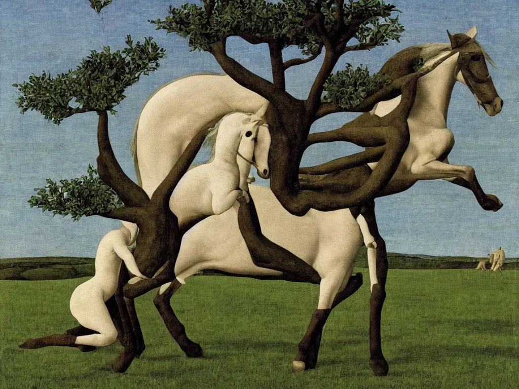 Prompt: Horse carrying tree. Baby on the ground. Painting by Alex Colville, Piero della Francesca
