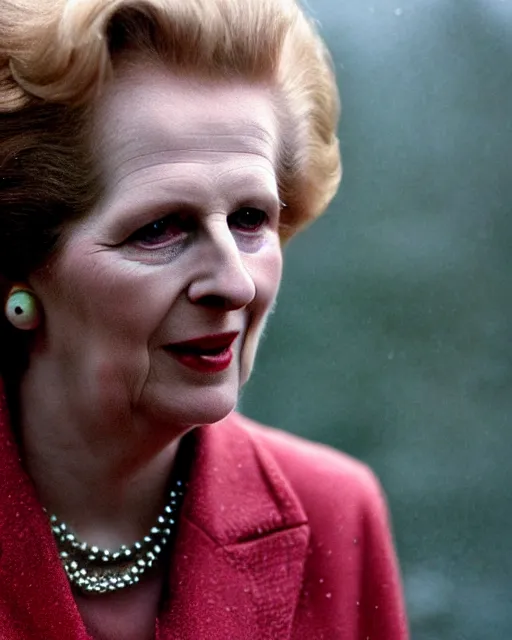 Image similar to margaret thatcher covered in rain, close - up, atmospheric moody hyper realistic award winning color cinematic still 8 k