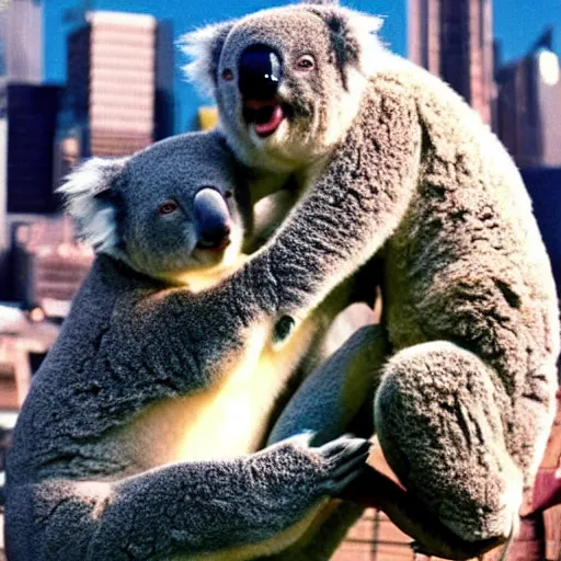 Prompt: epic real life scene of a giant koala attacking melbourne in 1 9 9 7