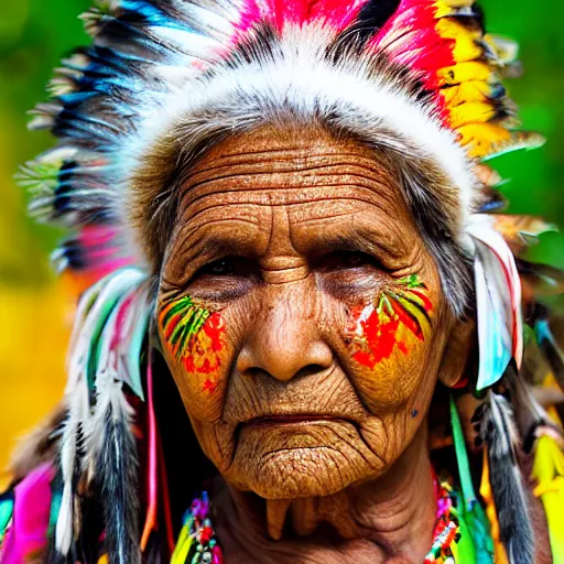 Prompt: old woman native indian brazilian portrait, 8 0 mm lens, full head, painted face, colorful photographic details