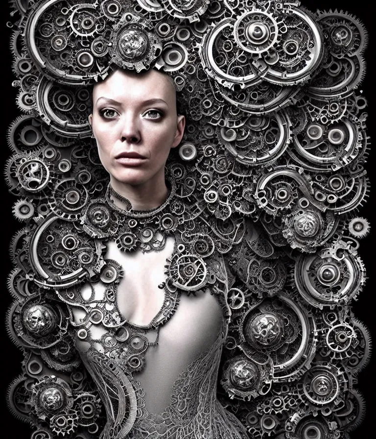 Prompt: highly detailed photo portrait of complex bio-mechanical beautiful young female stone cyborg with a Mandelbrot fractal steampunk metal fine lace face, retrofuturistic depressing hopeless horrific vibe, radiating dark energy aura, curled silver hair and a fine metal floral foliage super big lace collar by Alexander McQueen:: high fashion, haute couture, rococo, steampunk, silver filigree details, anatomical, facial muscles, cable wires, microchip, elegant, hyper realistic, 150 mm lens, soft rim light, octane render, unreal engine, volumetric lighting, 8k, muted reflective metallic coloring, sharp focus