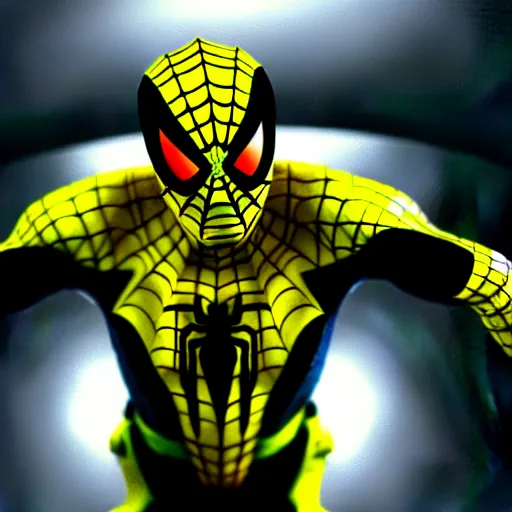 Image similar to black and yellow futuristic depiction of spiderman, large eyes, white webbing, movie still from star wars