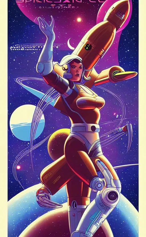 Image similar to a space travel poster, space opera, retro - futuristic poster style by artgerm and arthur adams, amazing composition