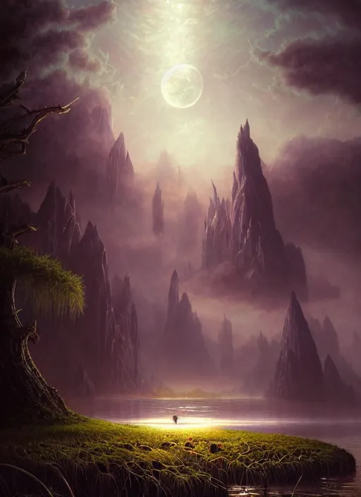 Image similar to fantasy book cover, full moon, fantasy bayou landscape, iridescent elements, fantasy magic, no human, dark light night, intricate, elegant, sharp focus, illustration, highly detailed, digital painting, concept art, matte, art by WLOP and Artgerm and Greg Rutkowski and Albert Bierstadt, masterpiece