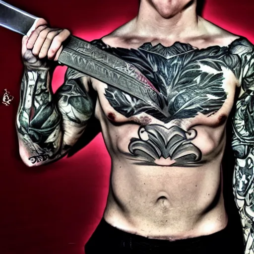 Image similar to muscular bald man, tattooed body, sword in hands, HD, anime style,