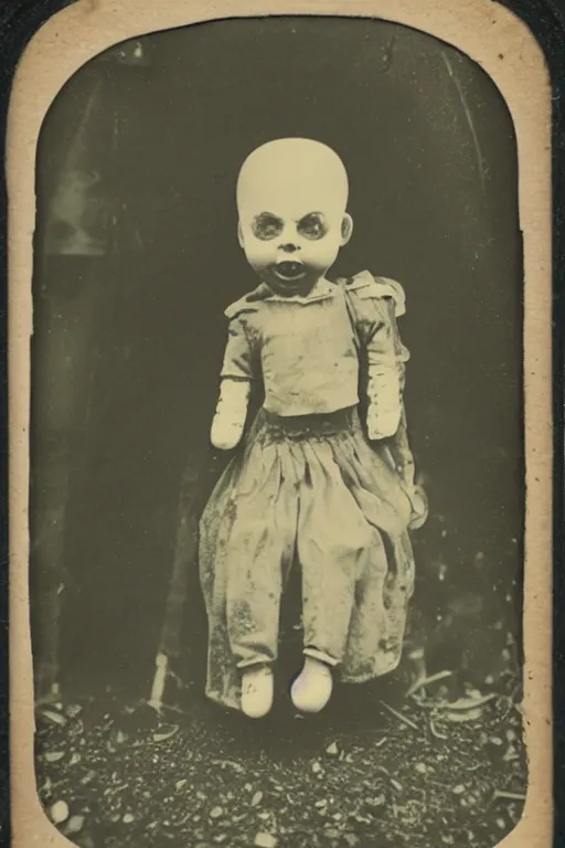 Prompt: dirty cracked crying vintage evil bald doll sitting in dirt basement cobwebs tintype photo