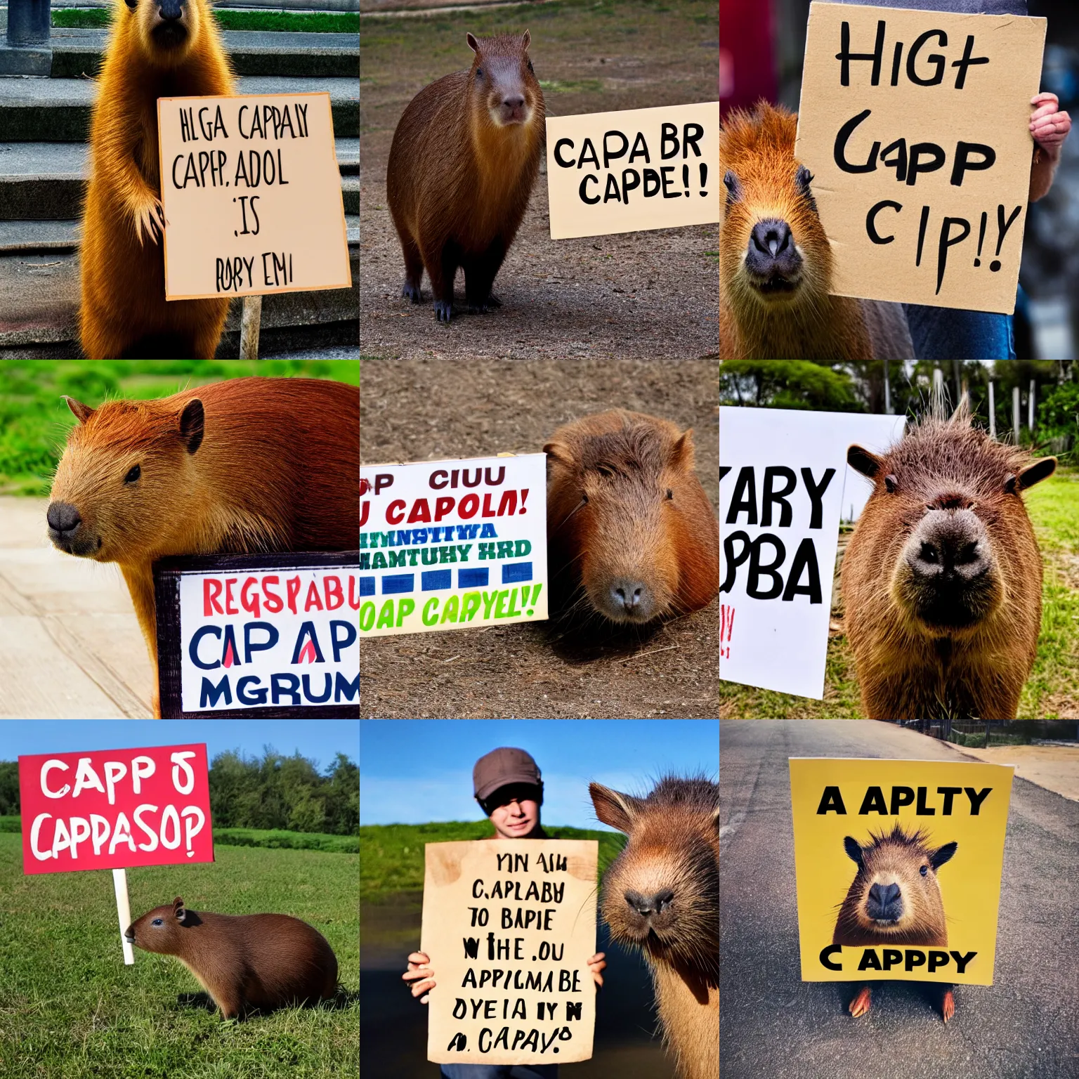 Image similar to realistic high quality photo of a capybara holding a sign with text that reads : capybara