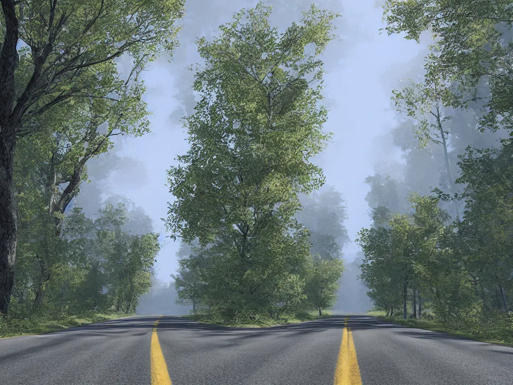 Image similar to Going to the end of the road, there are maple trees on both sides of the road, and maple leaves are floating in the air, Vanishing Point, hdr, ue5, unreal engine 5, cinematic 4k wallpaper, ultra detailed, high resolution, artstation, award winning.