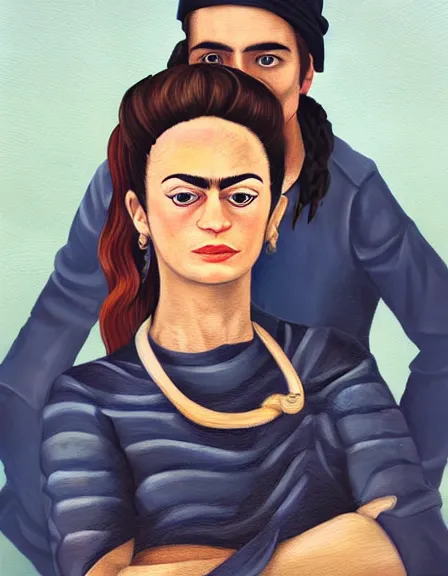 Prompt: couple in love. fully clothed armed female pirate captain, rachel wall, with a male pirate partner, sun, summer, blue eyes, beauty, wisdom, love, strength, knowledge, smart, portrait, symmetrical, highly detailed, digital painting, artstation, smooth, sharp focus, illustration, strength, art by frida kahlo. 8 k