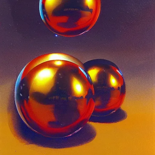 Prompt: chrome spheres on a red cube by peter andrew jones