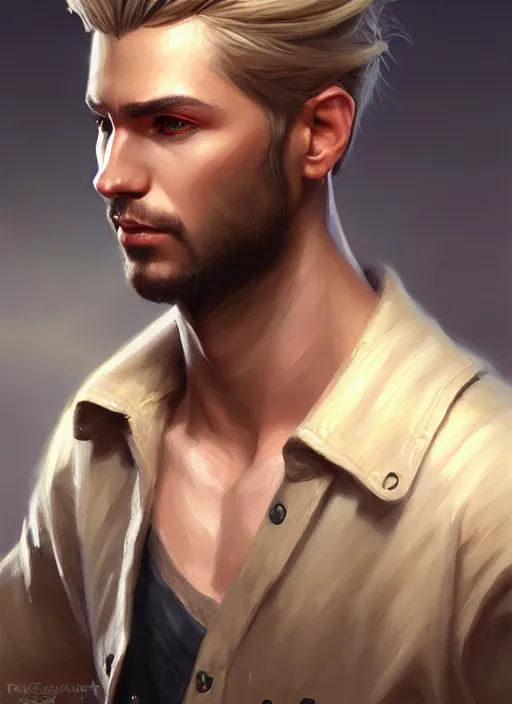 Image similar to a _ fantasy _ style _ portrait _ painting _ of male, medium dark blonde hair side part and blonde stubble, rpg dnd oil _ painting _ unreal _ 5 _ daz. _ rpg _ portrait _ extremely _ detailed _ artgerm _ greg _ rutkowski _ greg