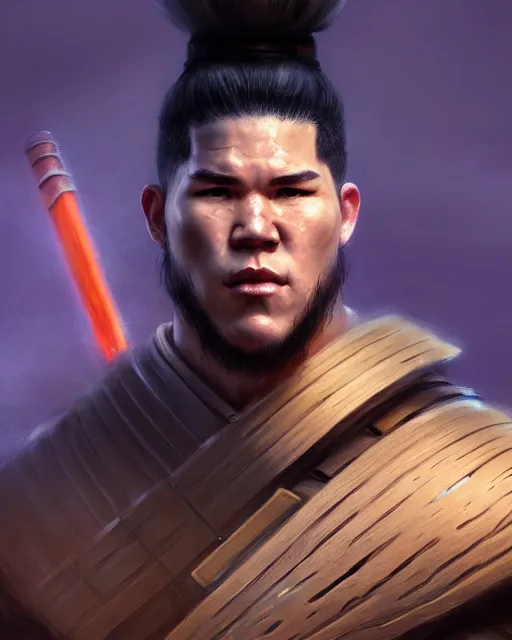 Prompt: face portrait of devin booker as a muscular ronin samurai, wearing a haori, by wlop and peter mohrbacher, dramatic action pose, extremely detailed shading, concept art, digital painting, trending on artstation, unreal engine 5, octane render, atmosphere, glow, cinematic lighting, full of color