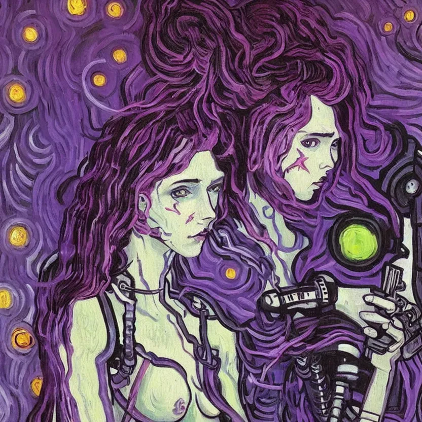 Image similar to A beautiful painting of a cyberpunk girl with purple hair and an a huge robot arm sensual stare, augmentations and cybernetic enhancements neon circuits, Painted by Vincent Van Gogh ❤️‍🔥 🔥 💀 🤖 🚀