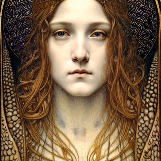 Image similar to detailed realistic beautiful young medieval queen face portrait by jean delville, gustave dore and marco mazzoni, art nouveau, symbolist, visionary, gothic, pre - raphaelite